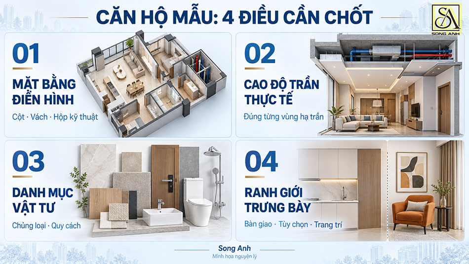 bốn yếu tố cần chốt cho căn hộ mẫu: mặt bằng, cao độ trần, vật tư và ranh giới đồ trưng bày.
